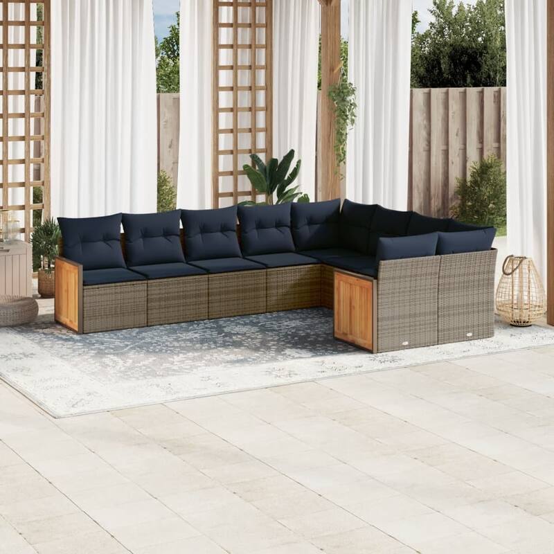 vidaXL 9/10 Piece Patio Sofa Set with Cushions Black/Gray Poly Rattan - 24.4 x 24.4 x 27.2 - Gray Without table