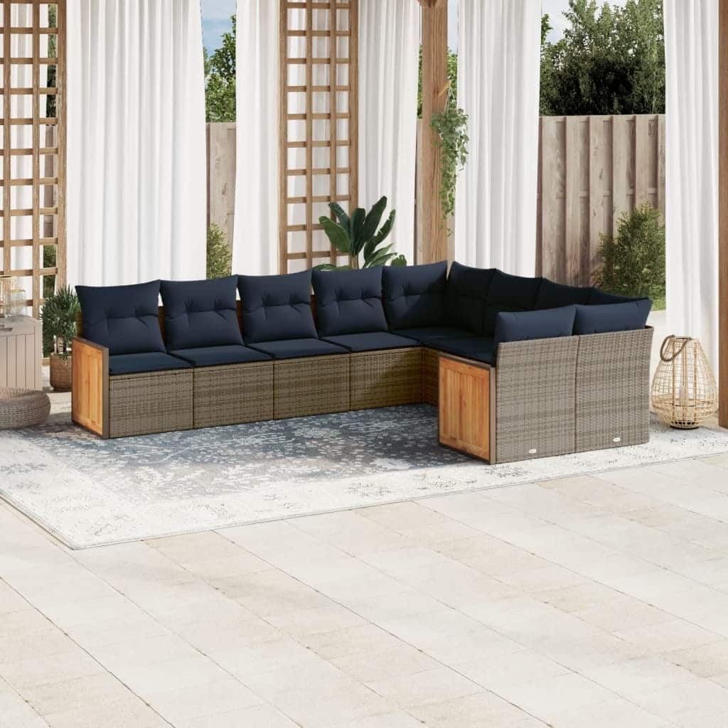 vidaXL 9/10 Piece Patio Sofa Set with Cushions Black/Gray Poly Rattan - 24.4 x 24.4 x 27.2