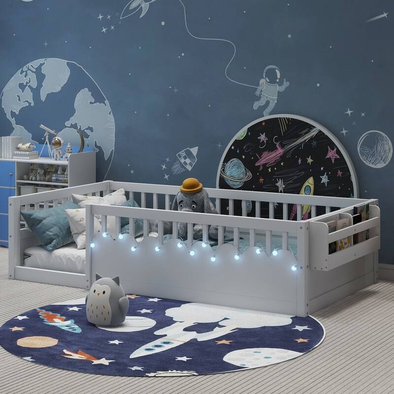 Montessori Floor Bed Frame with High Rails, Wood Toddler Floor Bedframe with Light and Headboard Storage Shelf for Kids Room - White - Twin