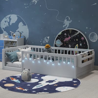 Montessori Floor Bed Frame with High Rails, Wood Toddler Floor Bedframe with Light and Headboard Storage Shelf for Kids Room