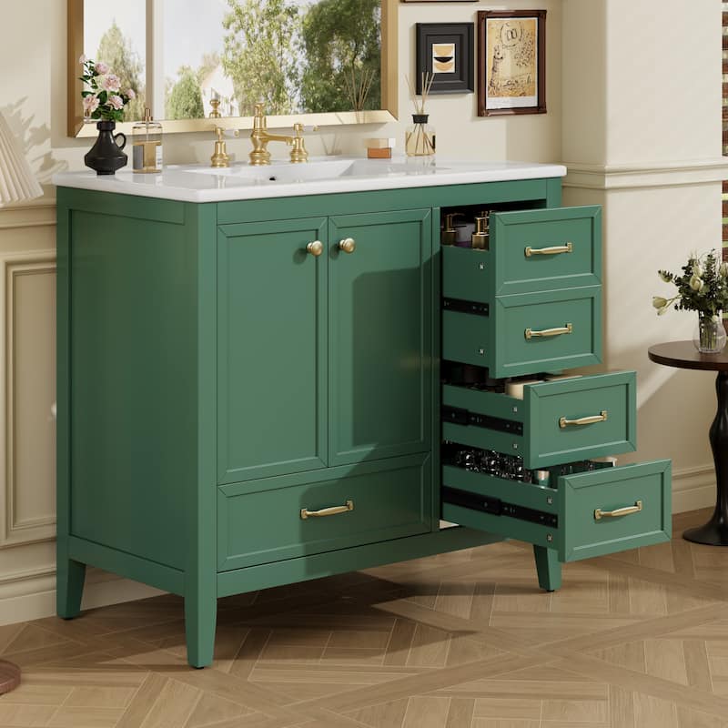 Single Sink Bathroom Vanity Cabinet with 4 Drawers, Cabinet Base & Ceramic Basin Set, 36 Inch