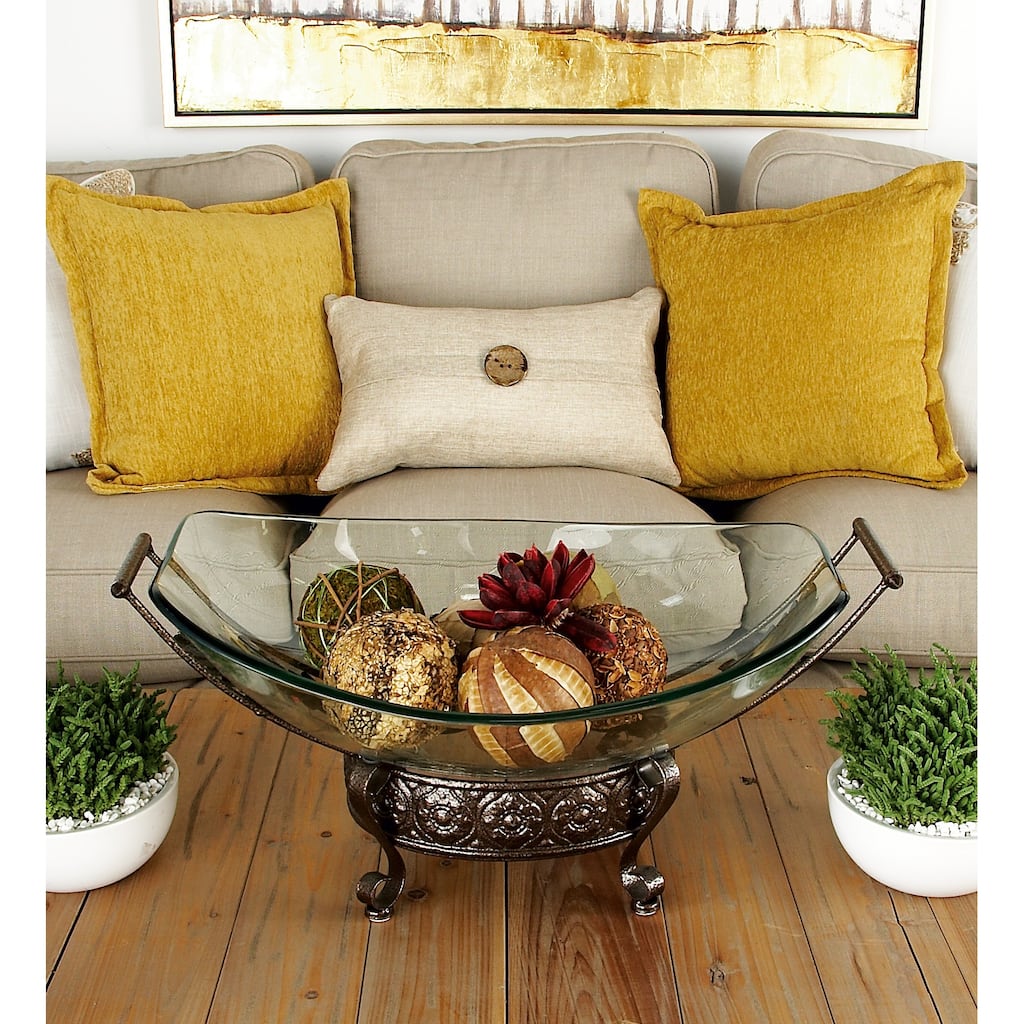 Clear Tempered Glass Kitchen Serving Bowl with Brown Metal Scroll Base