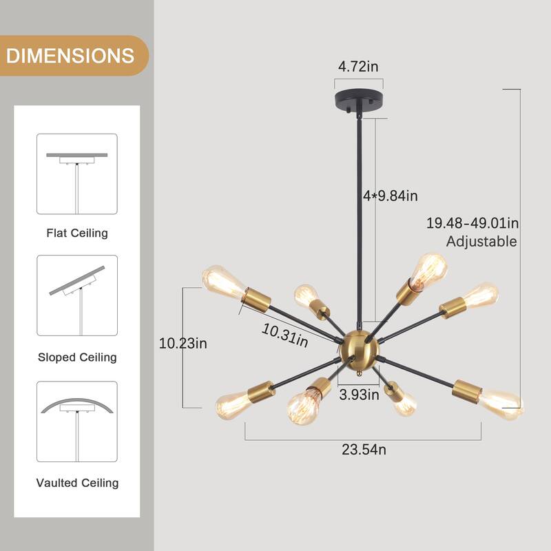 8-Light Mid Century Modern Linear Sputnik Chandelier for Bedroom Living Room Dining Room Kitchen Foyer - N/A