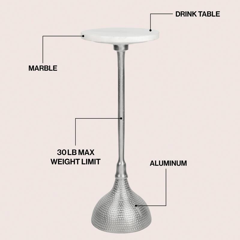 23.75″ Metal Pedestal Drink, End Table w/ White Marble Round Top & Hammered Base, By JONATHAN Y
