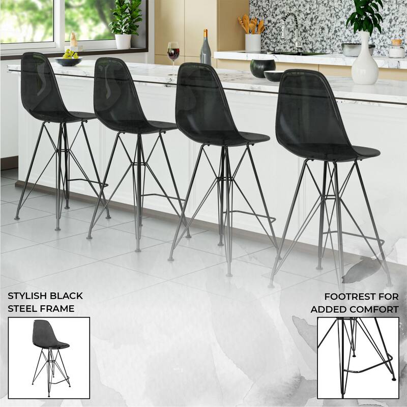 Cresco Ergonomic Acrylic in Brushed Black Steel Base Barstool with Footrest, & Floor Pads for Kitchen or Home Bar