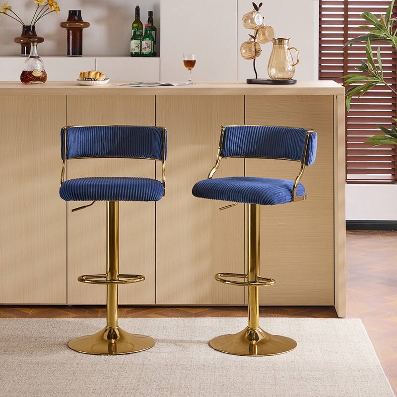 Corduroy Upholstered Adjustable Bar Stool with Gold Tone Base