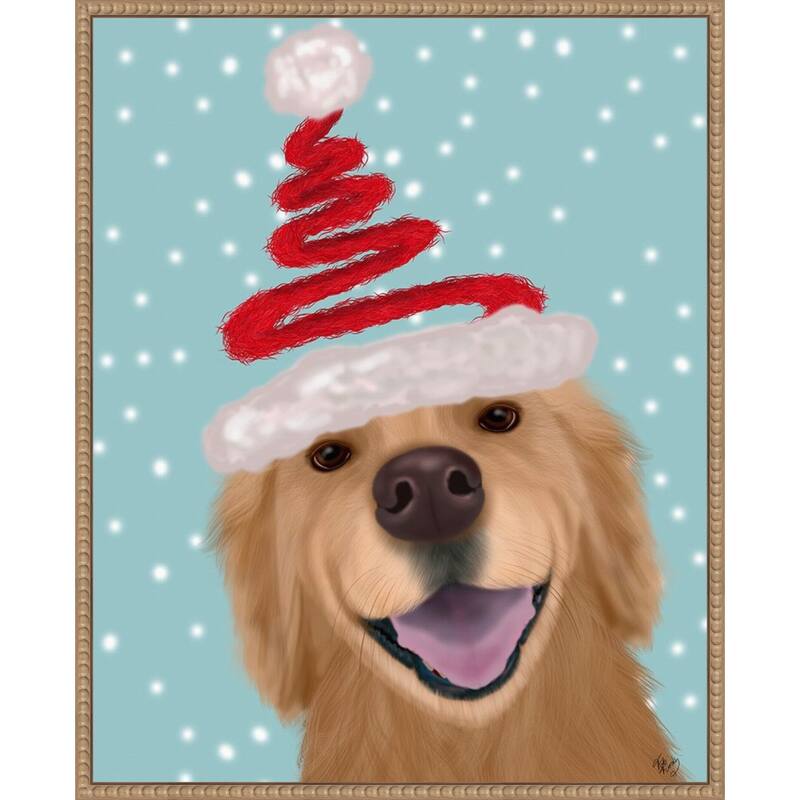 Christmas Golden Retriever and Spring Santa Hat by Fab Funky (23 x 28 in.), Framed Canvas Wall Art Print