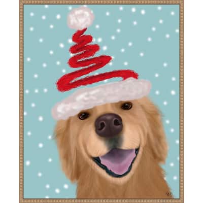 Christmas Golden Retriever and Spring Santa Hat by Fab Funky (23 x 28 in.), Framed Canvas Wall Art Print