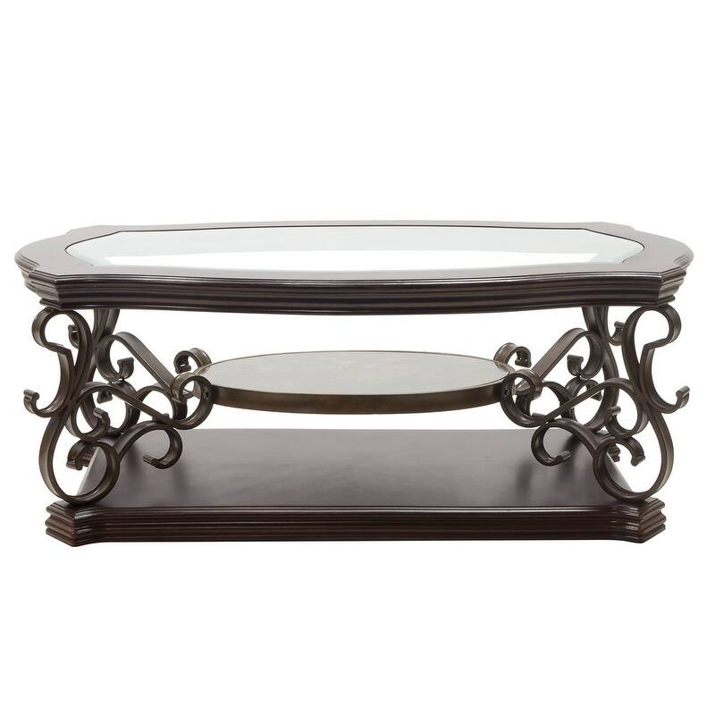 Elegant 52" Traditional Cocktail Table with Beveled Glass Top and Marble Paper Shelf
