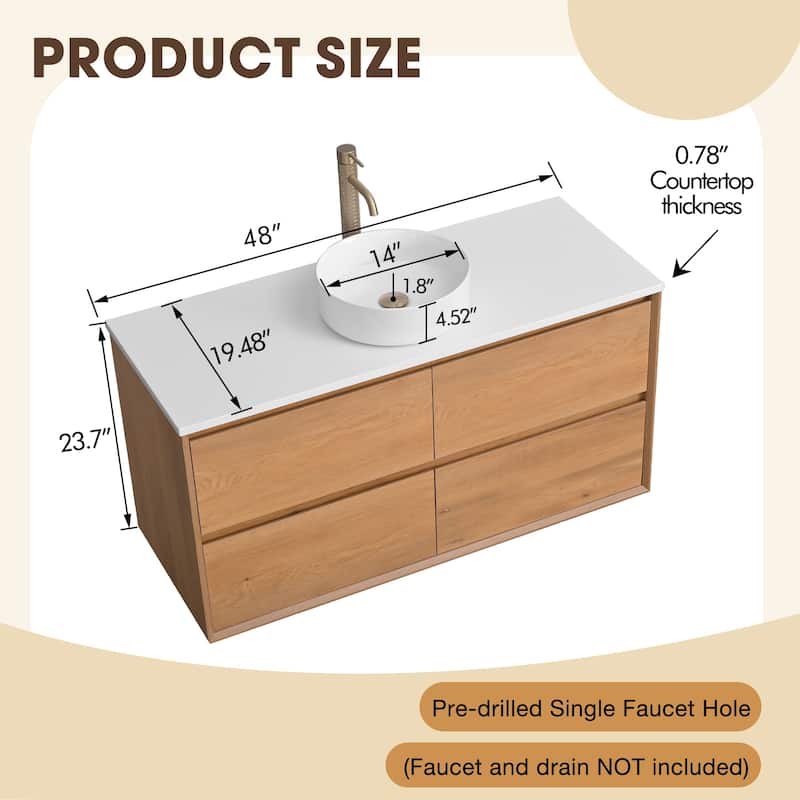 48" Floating Bathroom Vanity Quartz Counter Top with Ceramic Vessel Sink