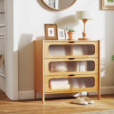 Contemporary Wicker and Glass Storage Cabinet 3 Drawers for Bedroom Entryway or Living Room - 31.5" x 16" x 31"