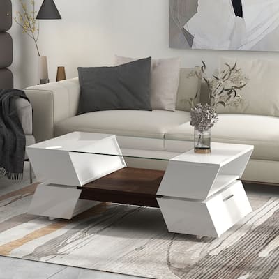2-Tier Glass-Top Coffee Table with Storage