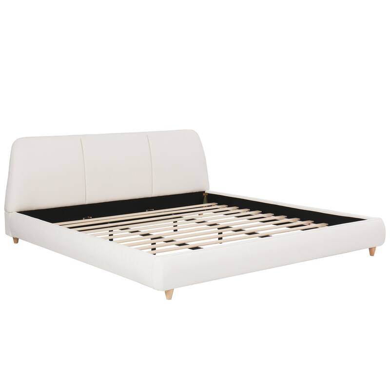King Modern Upholstered Bed Frame, Linen Fabric, Solid Wood Legs, Elegant White