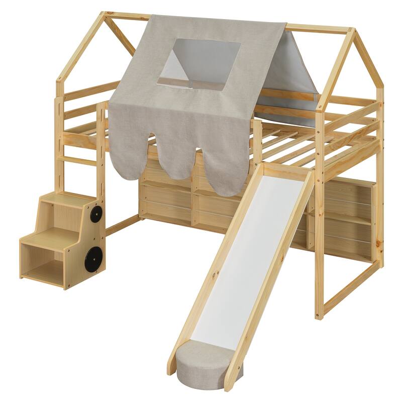 House-shaped Twin Loft Bed with Tent, Slide, and Storage in Natural+Beige