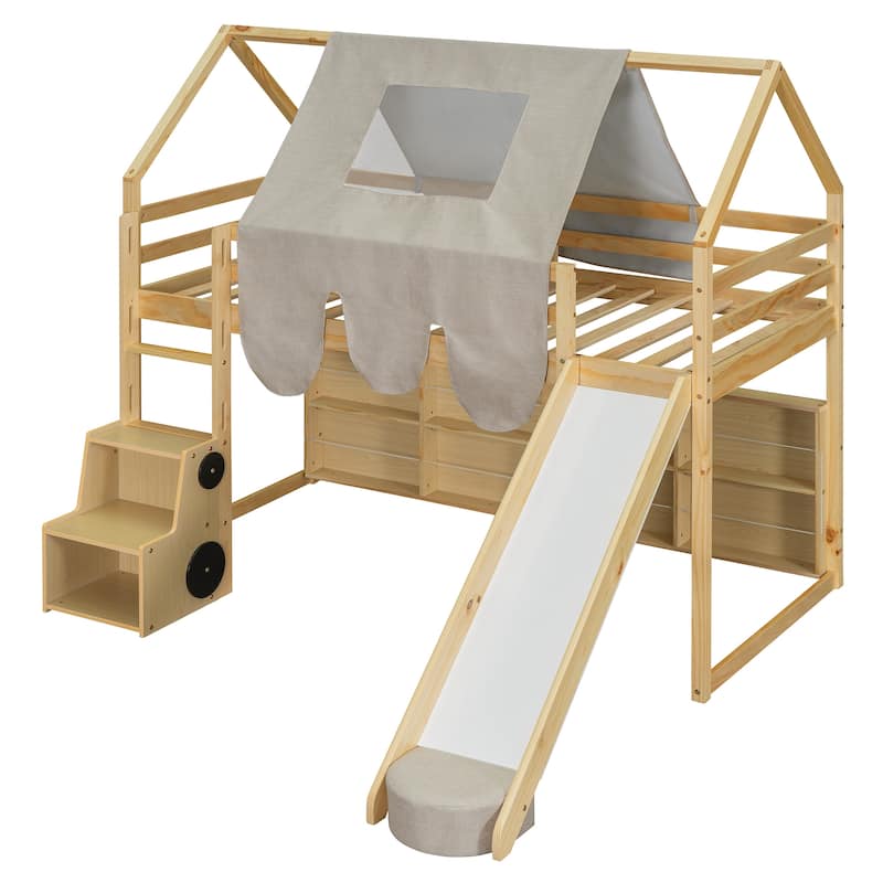 Wooden Loft Bed House-shaped Frame with a Tent