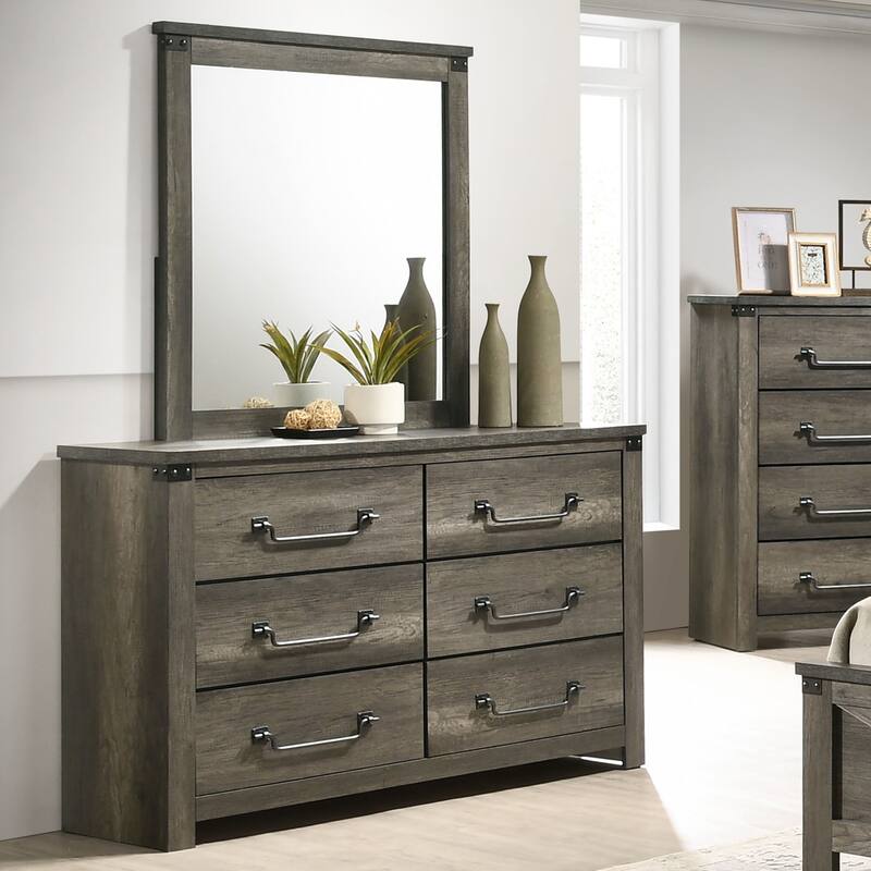 Furniture of America Vraif Farmhouse 2-Piece Rustic Grey Wood 6-Drawer Dresser and Mirror Set - Rustic Grey