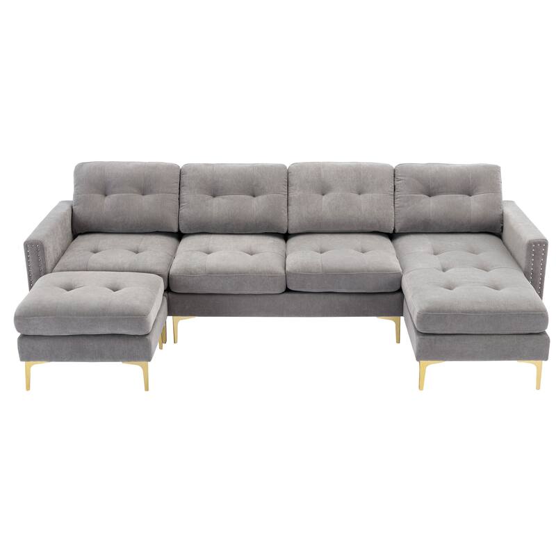 L Shaped Convertible Sectional Sofa with Ottoman, Velvet Fabric 5 Seater Sofa, Upholstered Sofa with Chaise & Storage Pockets