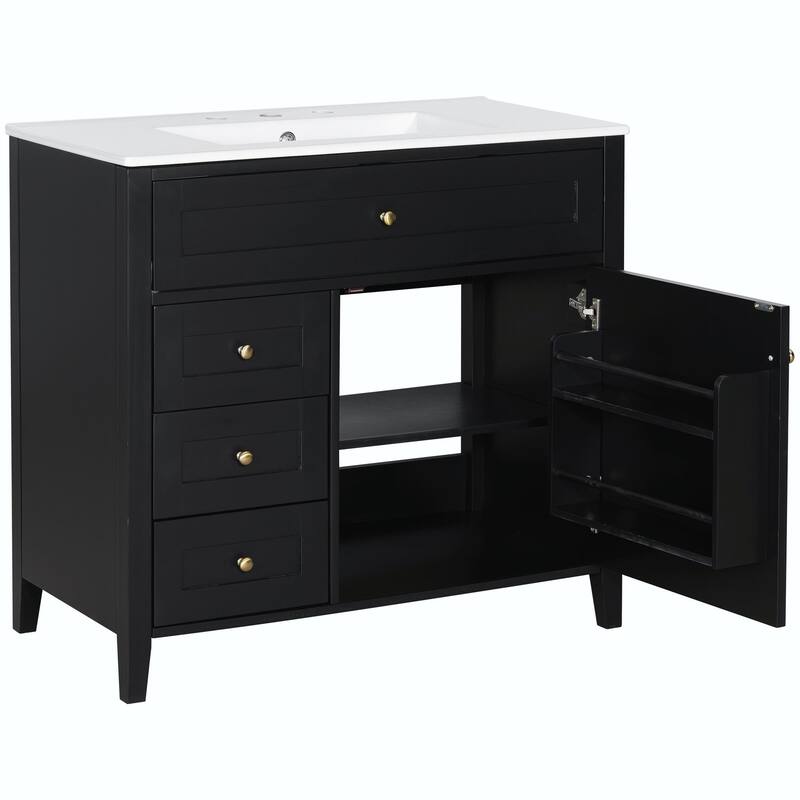 Bathroom Vanity with Sink, Modern MDF and Rubberwood Cabinet with 3 Drawers and Adjustable Shelf