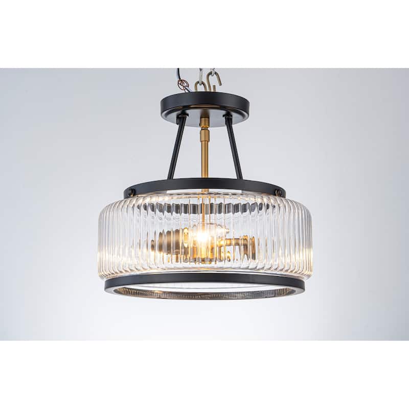 3-Light Industrial-style Black Lantern Glass Semi Flush Mount - Black - Ribbed Glass