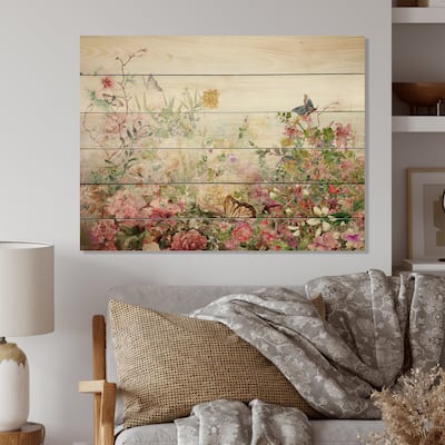 Designart 'Modern Pink And Green Summer Garden' Traditional Wood Wall Art Décor - Natural Pine Wood