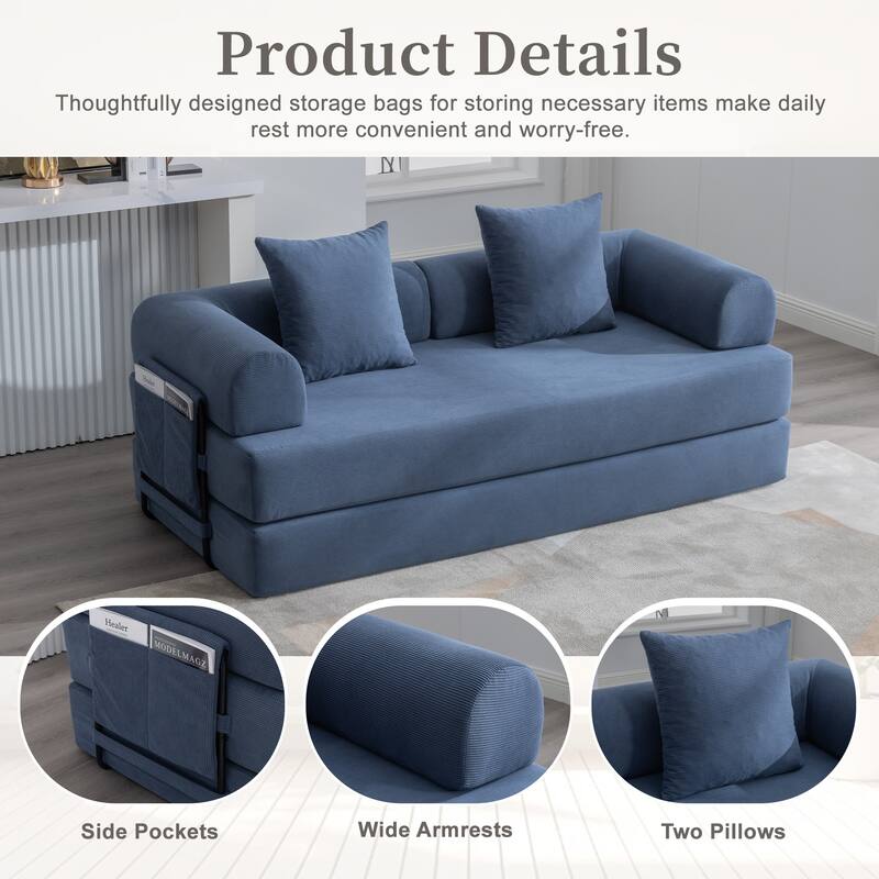 Foldable Modular Couch Sleeper Loveseat Sofa Bed with Storage Side Pocket, Detachable Metal Frame and Corduroy Fabric Cover