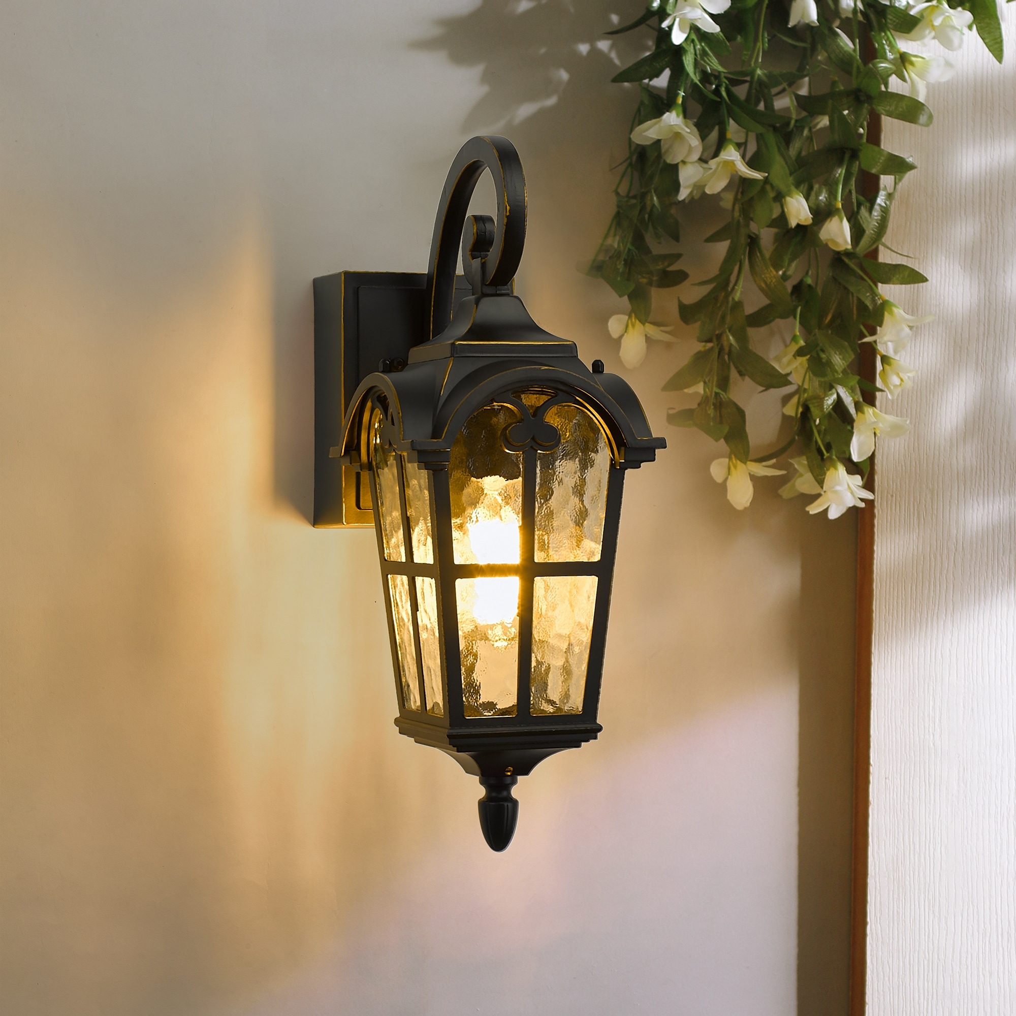 1-light Outdoor Wall Lantern,Wall Sconce with Water Ripple Glass, Black Finish