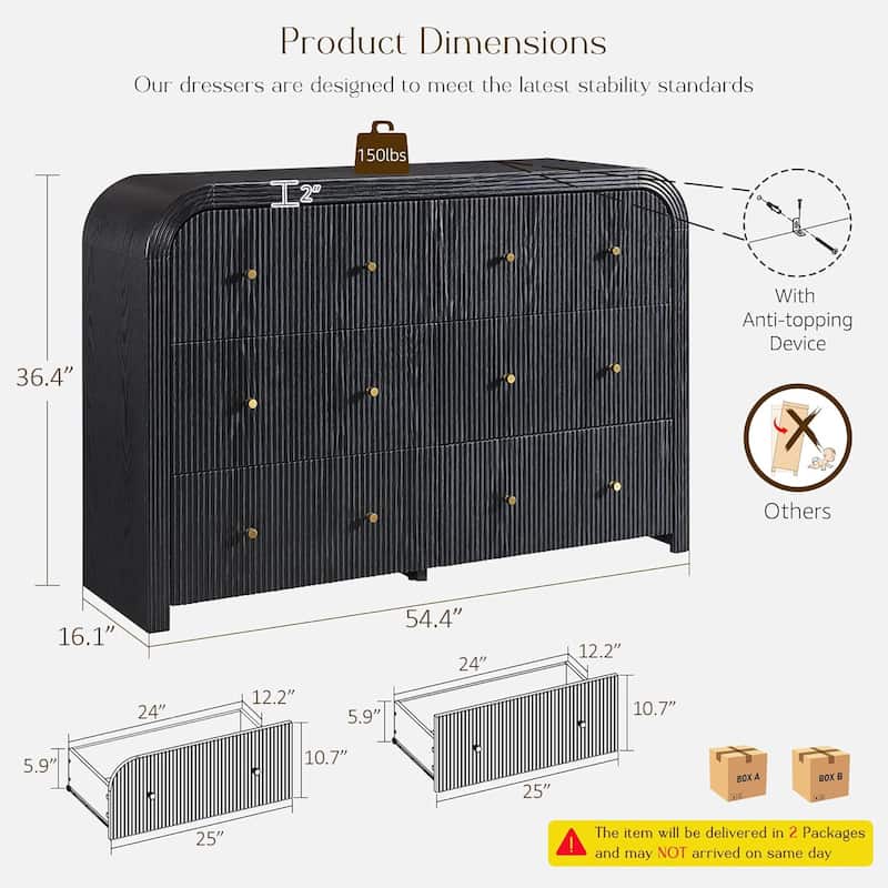 Modern Fluted 6 Drawers Dresser, Wood Chest of Drawers for Bedroom