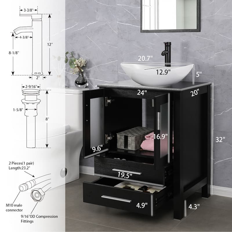 eclife 24" Classical Bathroom Vanity Set with Tempered Glass Vessel Sink Oil Rubbed Bronze Faucet and Drain