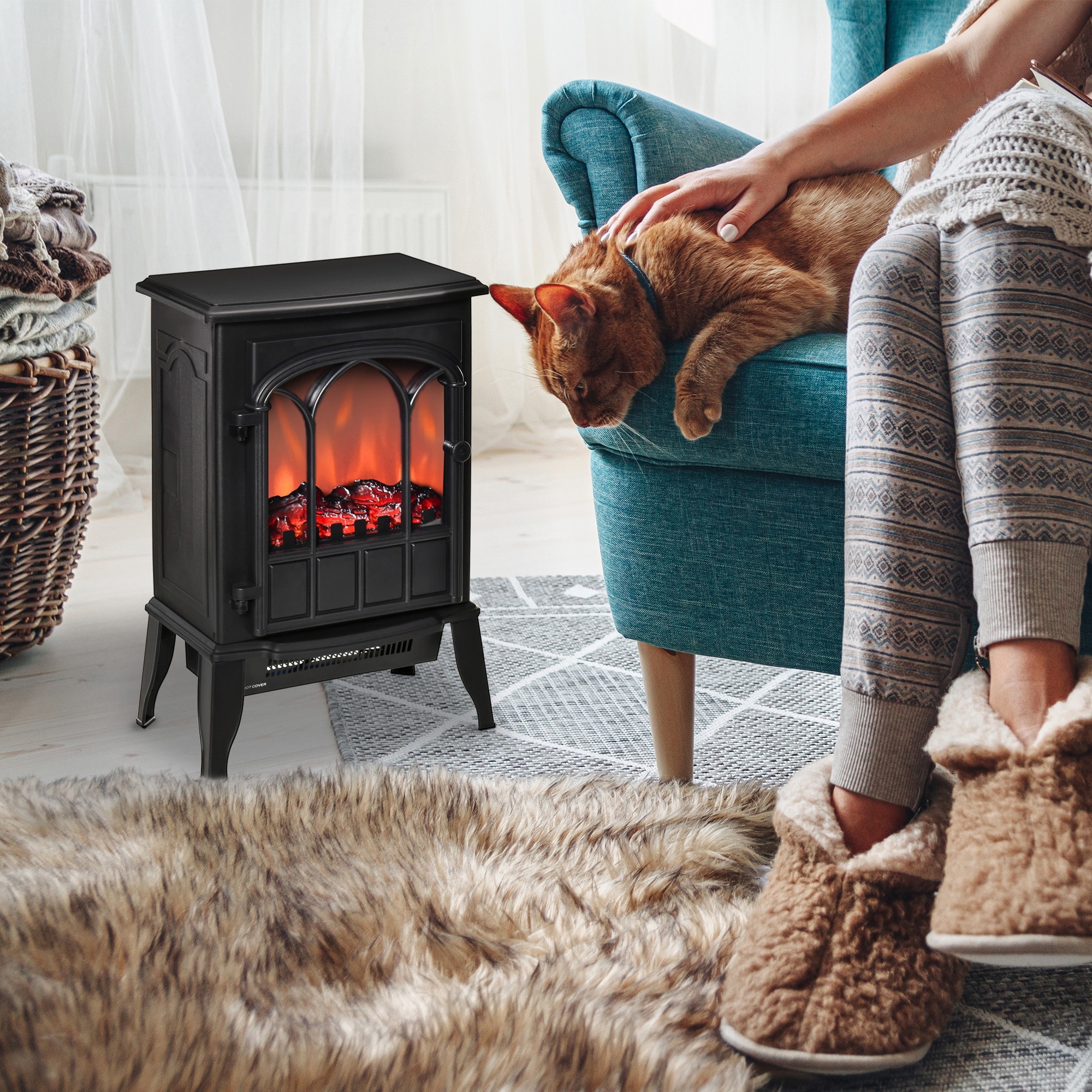 HOMCOM 22" Electric Fireplace Stove, Freestanding Fireplace Heater with Realistic LED Flame, Adjustable Temperature, Black