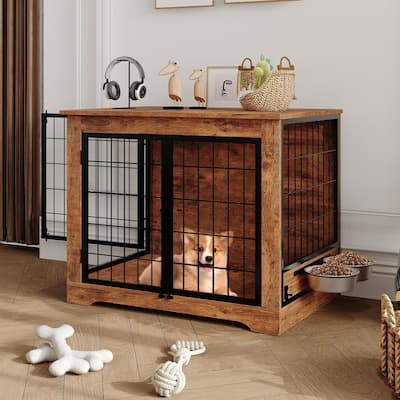 Dog Crate Furniture, Heavy Duty End Table Kennel with Rotating Feeder