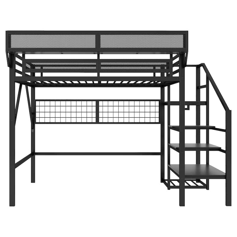 Black High Loft Bed with Wardrobe and Grid Storage for Kids Teens Adults Metal Loft Bed Frame with Light and Stairs