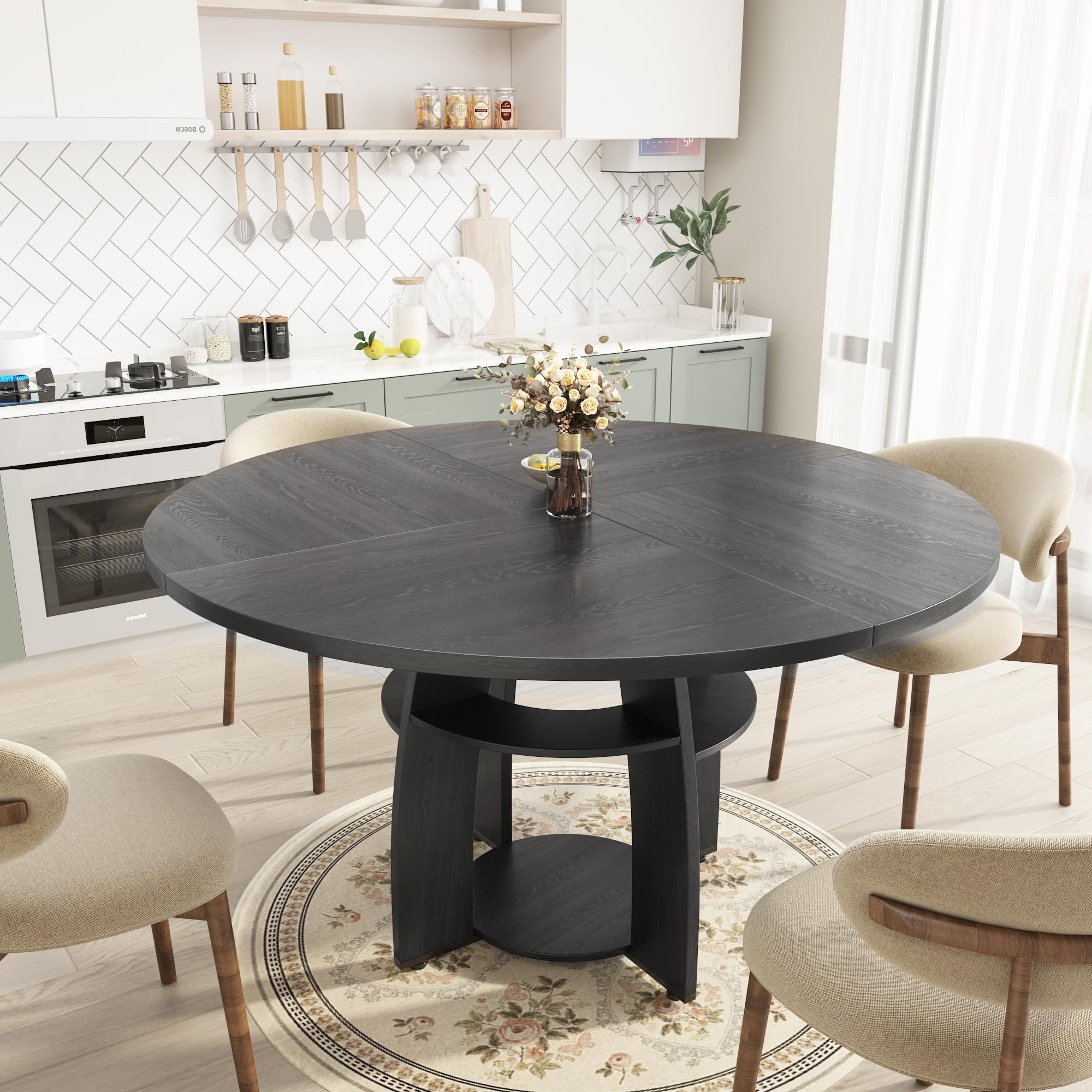 47 Inch Round Dining Table with Storage Shelf, Modern Circle Kitchen Table for 4-6, Wooden Dining Table with Adjustable Feet