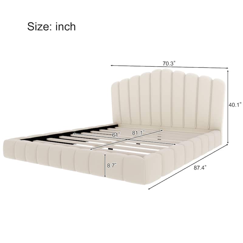 Velvet Upholstered Queen Bed Frame Floor Bed Shell-Shaped Headboard Wingback Frame Bed, No Box Spring Needed