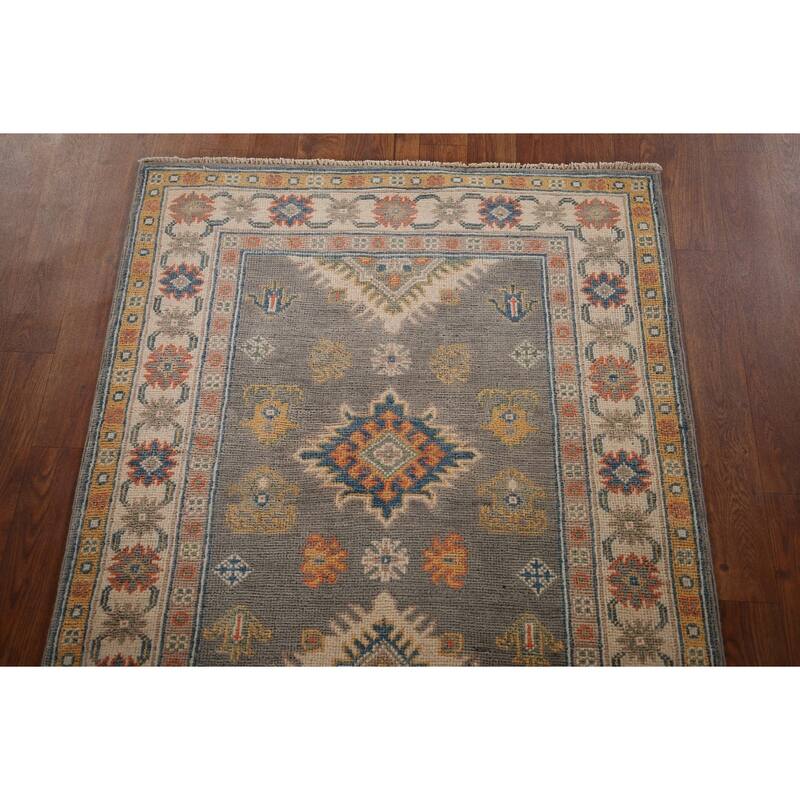 Grey Geometric Kazak Runner Rug Handmade Wool Carpet - 2'10" x 9'10"