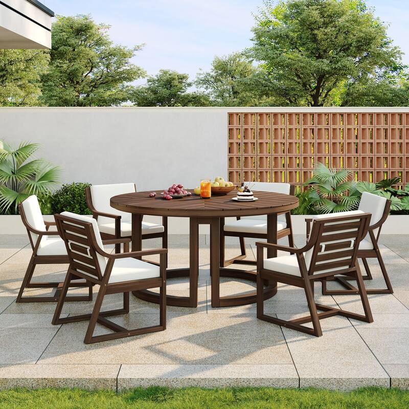Round Patio Dining Table Set for 6 with Umbrella Hole Durable Acacia Wood Outdoor Furniture