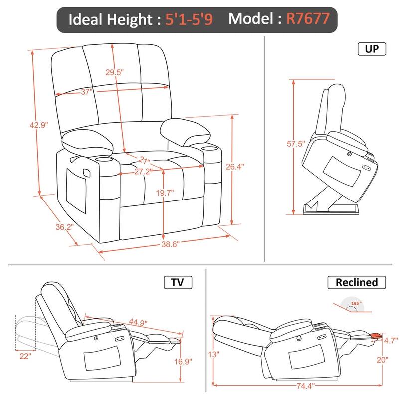 MCombo Lay Flat Dual Motor Power Lift Recliner with Massage and Heat for Elderly People, Infinite Position, Fabric R7677