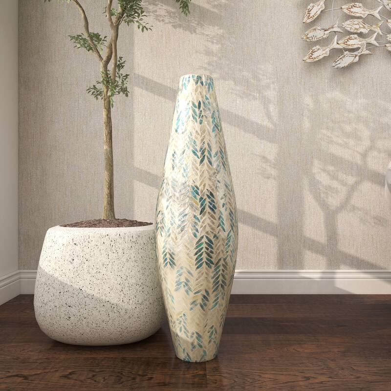 Cream Mother of Pearl Shell Handmade Tall Mosaic Decorative Vase with Blue Accents