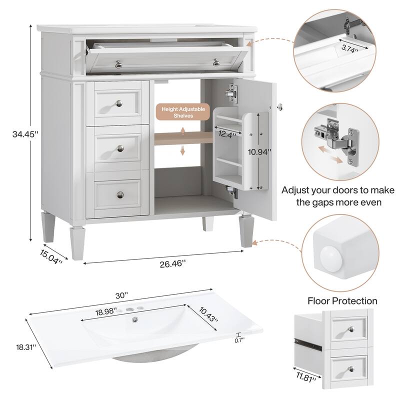 36'' Freestanding Bathroom Vanity with Integrated Ceramic Sink, Tip-Out Drawer, Door Organizer