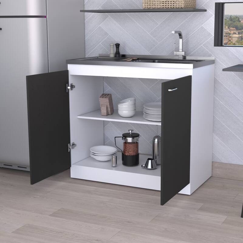 Oklahoma Utility Sink, Double Door Cabinet, Stainless Steel Countertop