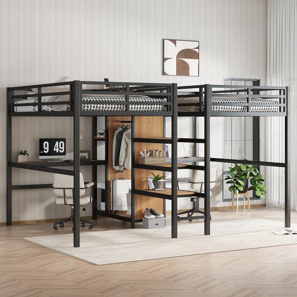 Twin Over Twin Metal Loft Bed with Double Desk, Wardrobe, Shelves and Electrical Outlet for Space Saving and Noise Reduction