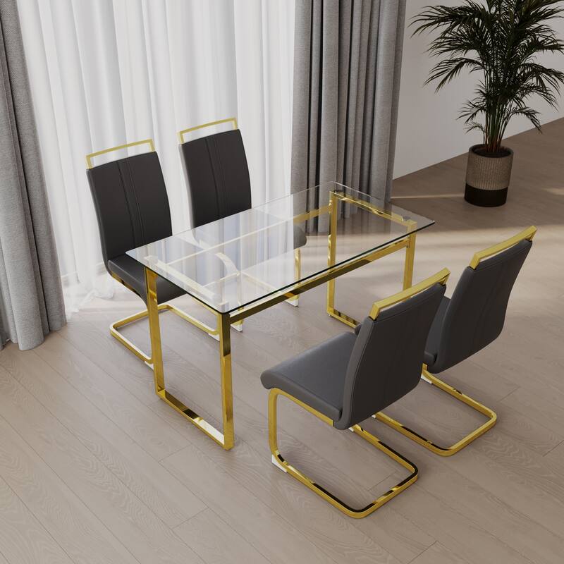 5-Piece Glass Dining Table Set with Gold Metal Legs and 4 PU Upholstered Chairs