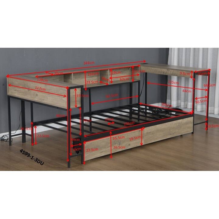 GDFStudio - Modern Corner Bed Frame with Bookcase, 2 Underbed Storage Drawers, LED Lighting & Charging Station