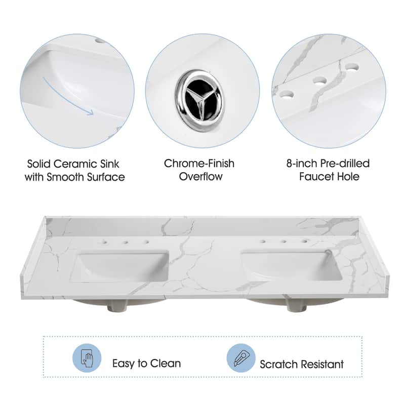 Nephelily 60 inch Transitional White Bathroom Vanity, Double Sinks