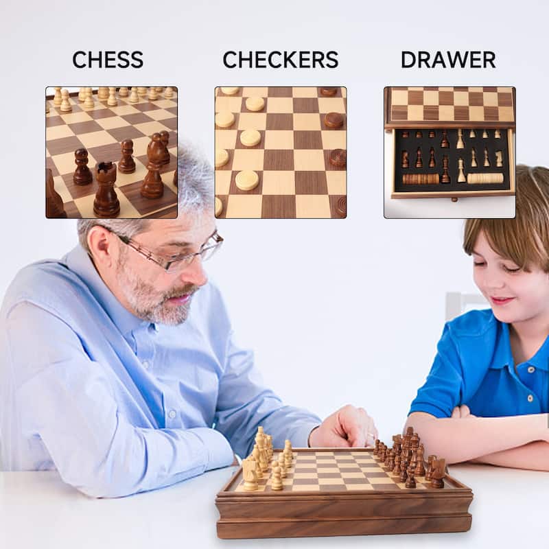 15" Large Wooden 2-in-1 Chess and Checkers Board Game Combo Set with Drawer