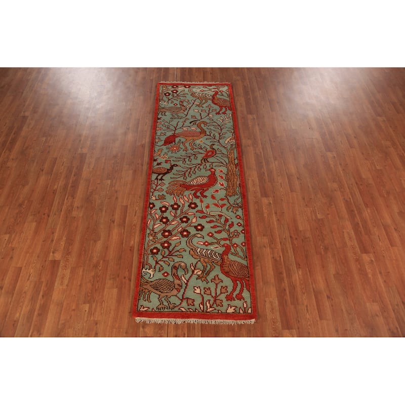 Animals Green Ziegler Indian Runner Rug Handmade Wool Carpet - 2'7"x 7'11"