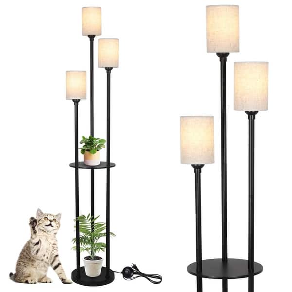 HOMCOM Floor Lamp in Metal and MDF with 3 Shelves with Fabric Lampshade, Diameter 42 x 166 cm, Black and Beige