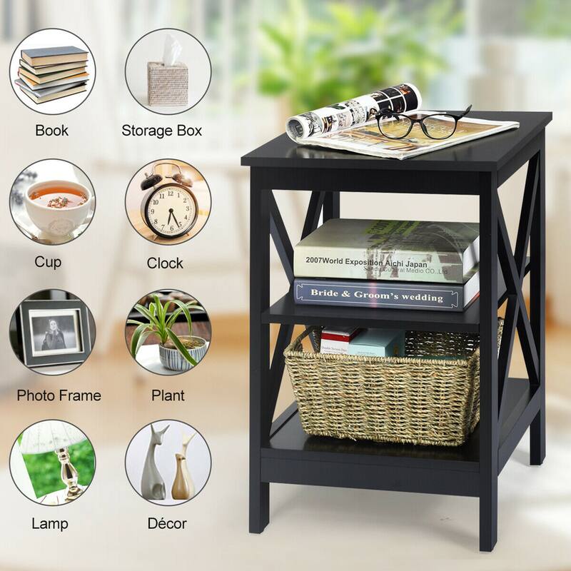 Gymax 3-Tier Nightstand End Table X Design Storage Display Shelf