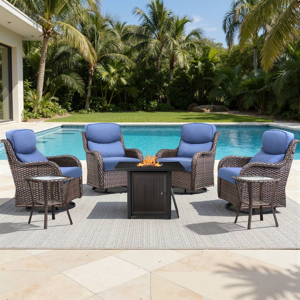 Meyreso 7-Piece Outdoor Patio Wicker Fire Pit 4 person Conversation Set with 5-Inch Thick Cushions