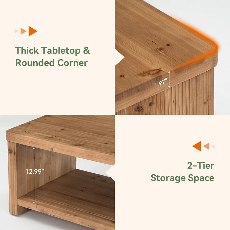 47.24" Solid Wood Coffee Table for Living Room, 2-Tier Rectangle Accent Center Tea Table with Storage