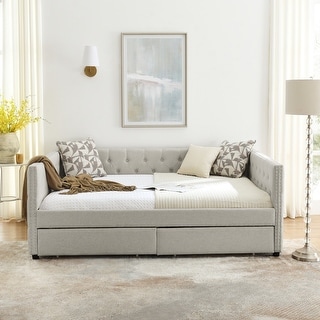 Beige Versatile Full Size Daybed with Storage Drawers and Button Armrest, Upholstered Daybed for Living Room Office